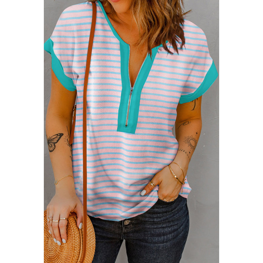 Striped Notched Short Sleeve T-Shirt Blush Pink / S Apparel and Accessories