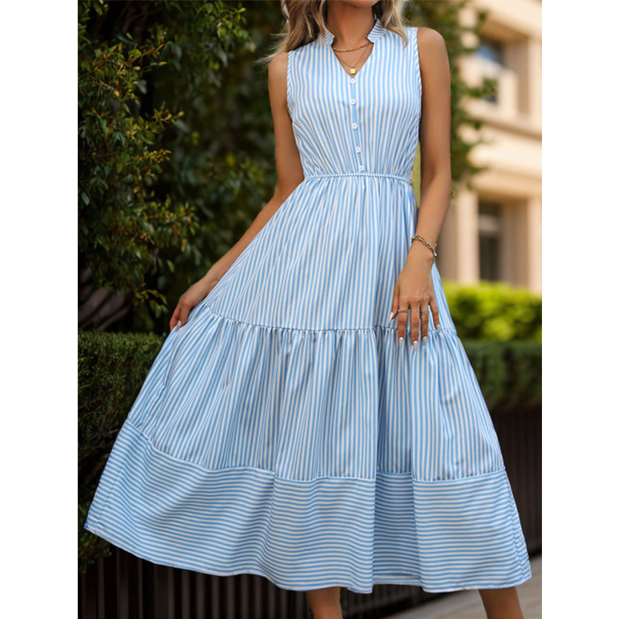 Striped Notched Sleeveless Midi Dress Apparel and Accessories