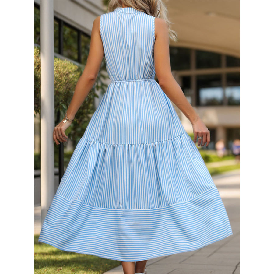 Striped Notched Sleeveless Midi Dress Apparel and Accessories