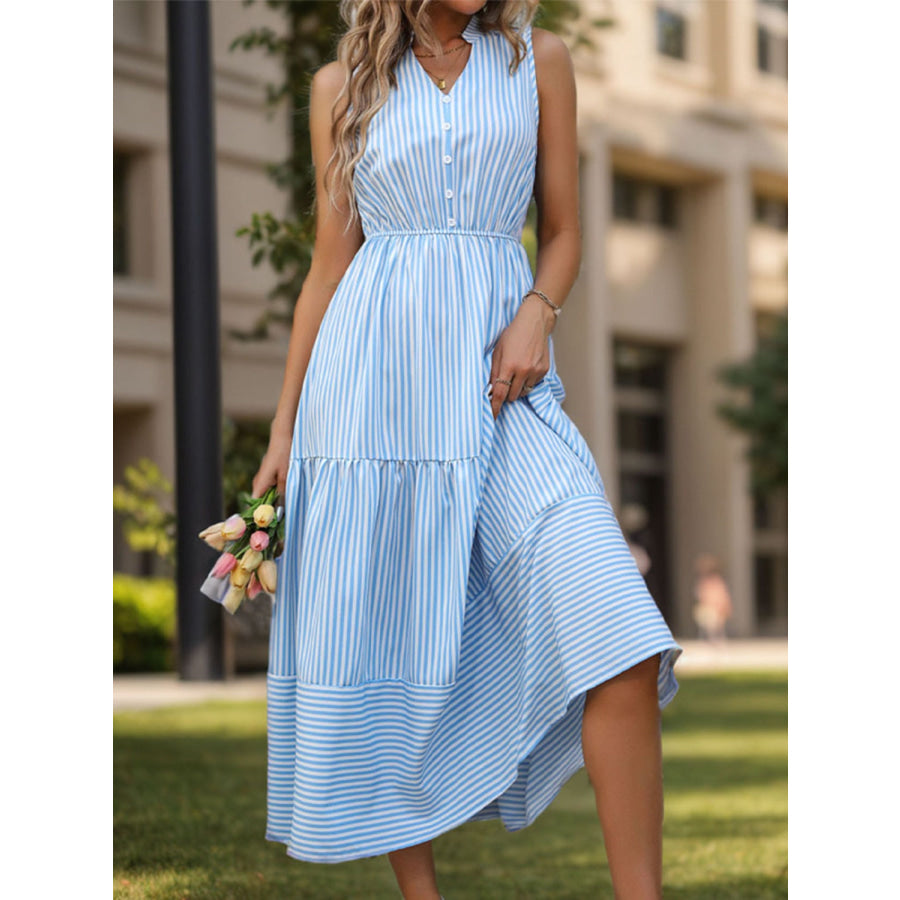 Striped Notched Sleeveless Midi Dress Apparel and Accessories