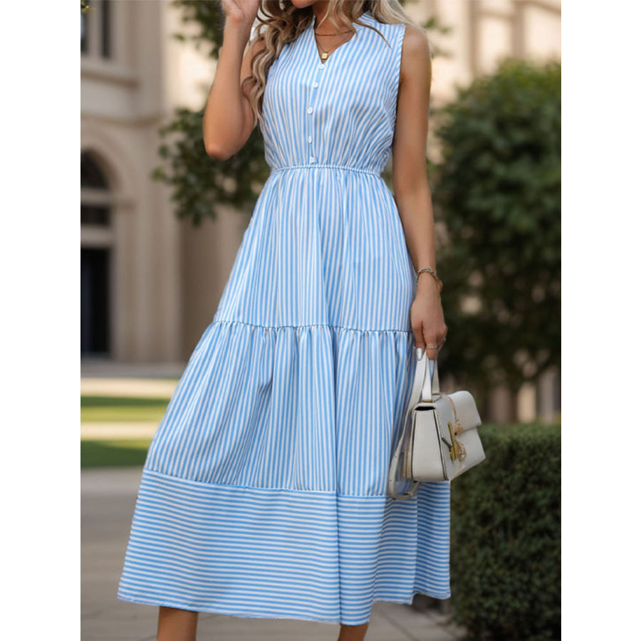 Striped Notched Sleeveless Midi Dress Apparel and Accessories