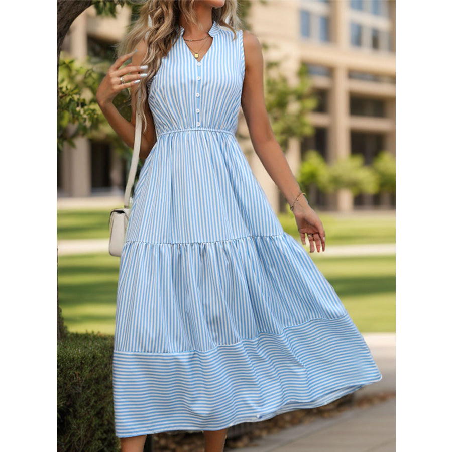 Striped Notched Sleeveless Midi Dress Light Blue / S Apparel and Accessories