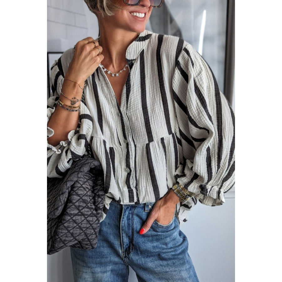 Striped Notched Three-Quarter Sleeve Blouse Apparel and Accessories