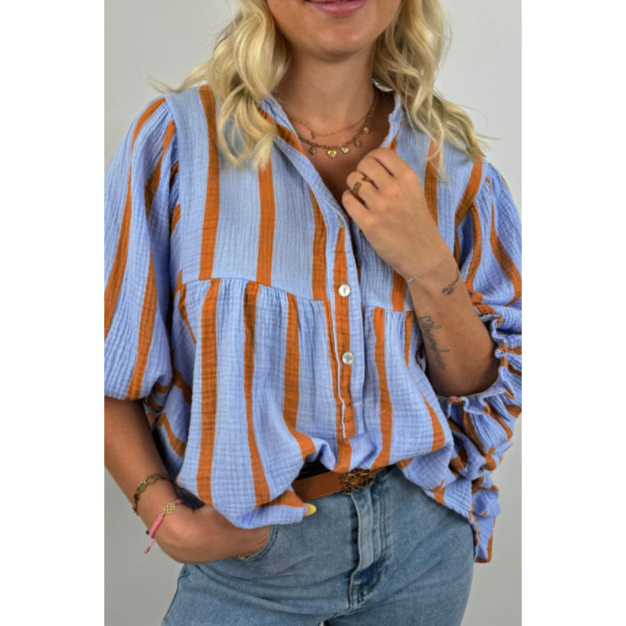 Striped Notched Three-Quarter Sleeve Blouse Apparel and Accessories