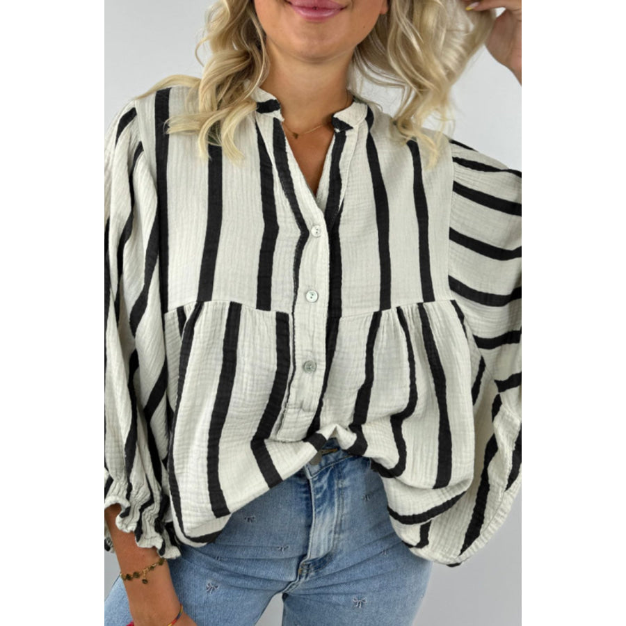 Striped Notched Three-Quarter Sleeve Blouse Apparel and Accessories