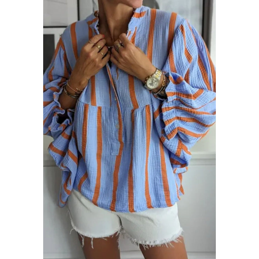 Striped Notched Three-Quarter Sleeve Blouse Blue / S Apparel and Accessories