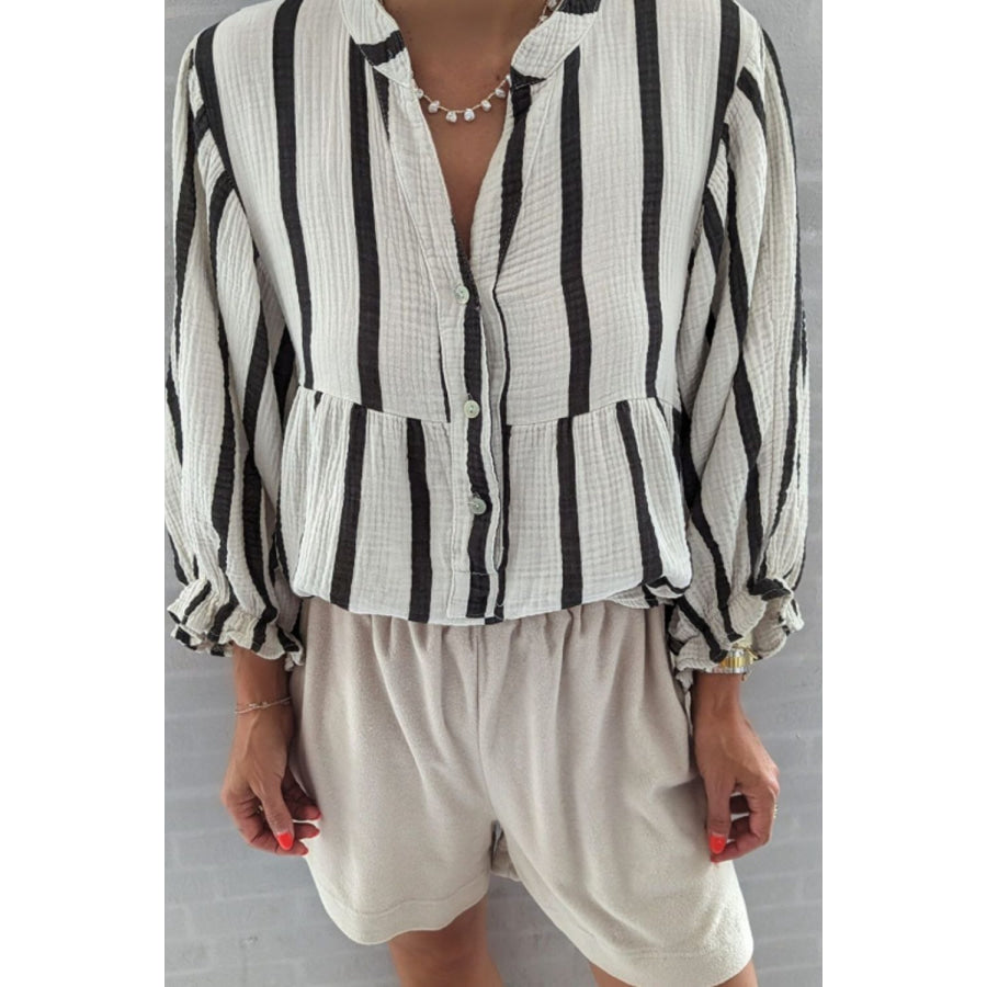 Striped Notched Three-Quarter Sleeve Blouse White / S Apparel and Accessories