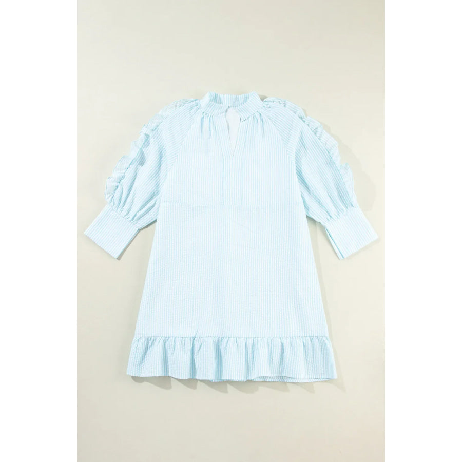 Striped Notched Three-Quarter Sleeve Dress Light Blue / S Apparel and Accessories