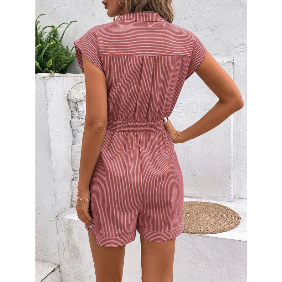Striped Notched Tie Waist Romper Apparel and Accessories