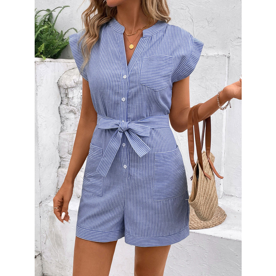 Striped Notched Tie Waist Romper Apparel and Accessories