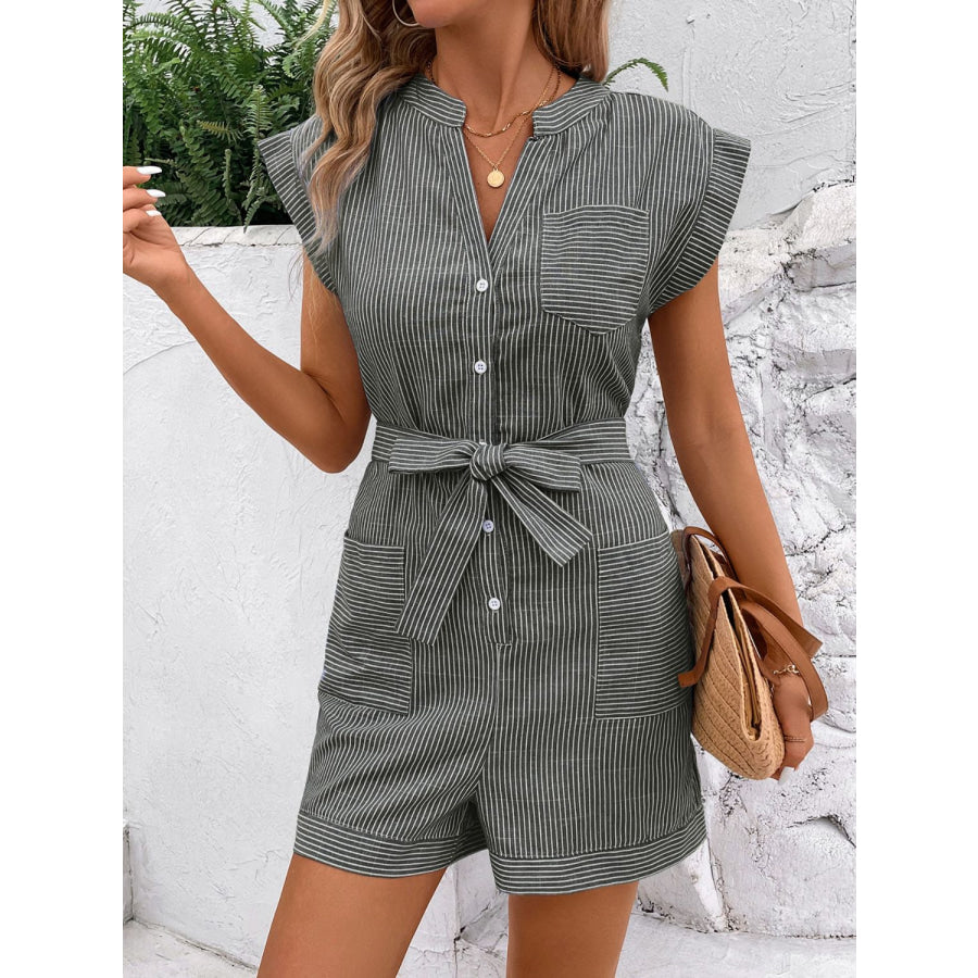 Striped Notched Tie Waist Romper Apparel and Accessories