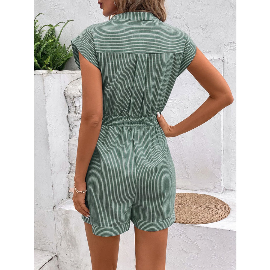 Striped Notched Tie Waist Romper Apparel and Accessories