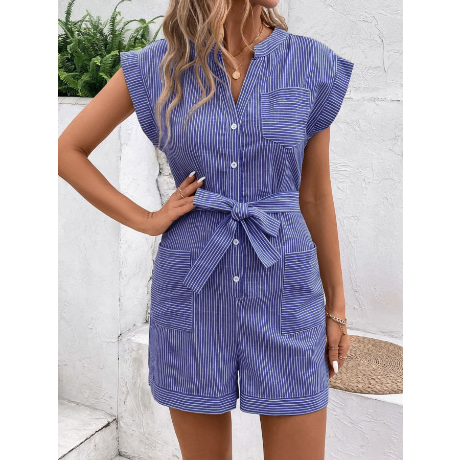 Striped Notched Tie Waist Romper Apparel and Accessories