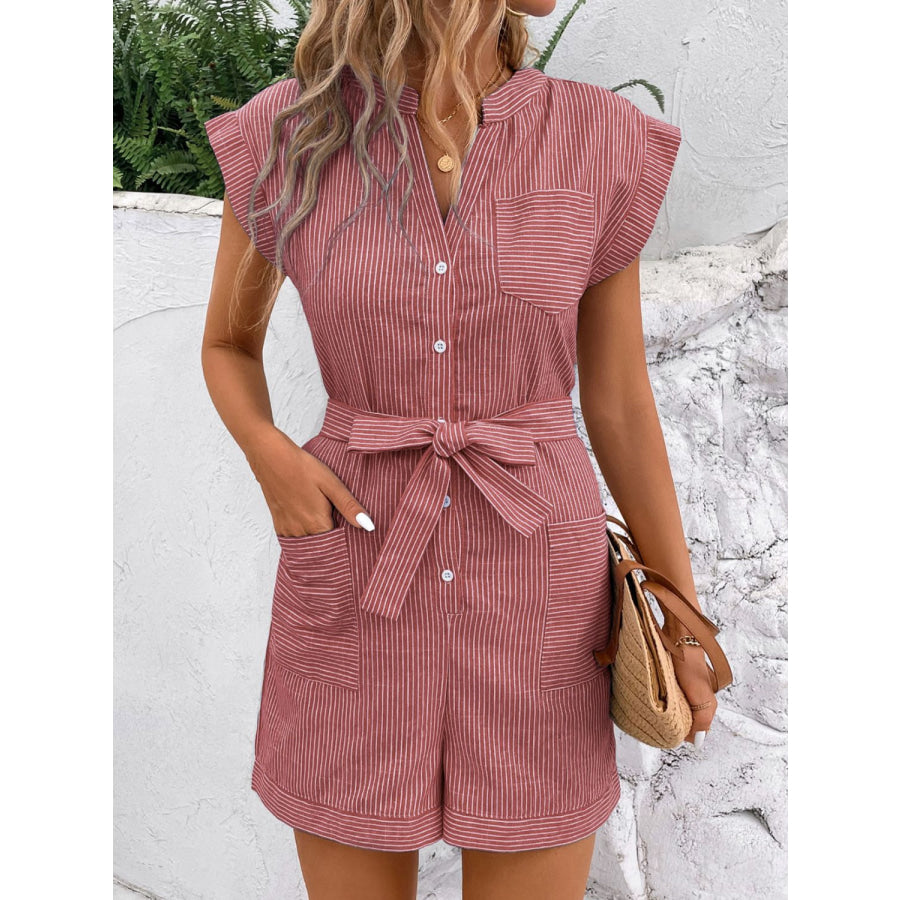 Striped Notched Tie Waist Romper Apparel and Accessories