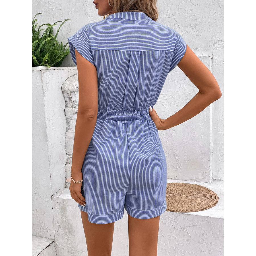 Striped Notched Tie Waist Romper Light Blue / S Apparel and Accessories