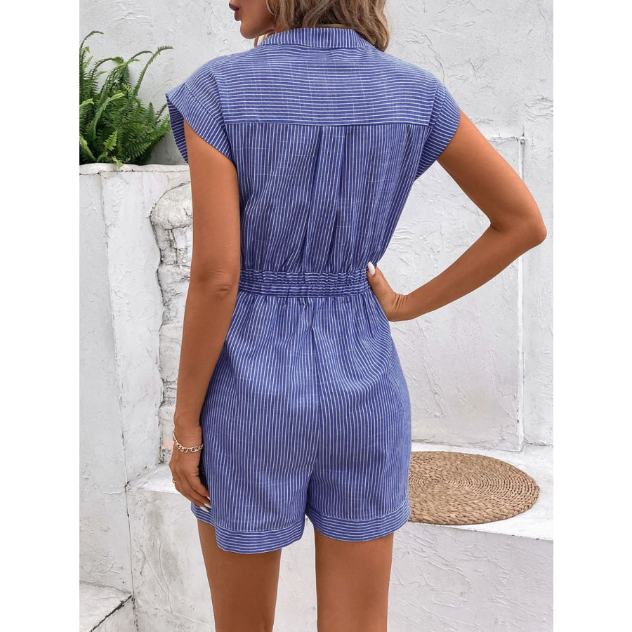Striped Notched Tie Waist Romper Apparel and Accessories