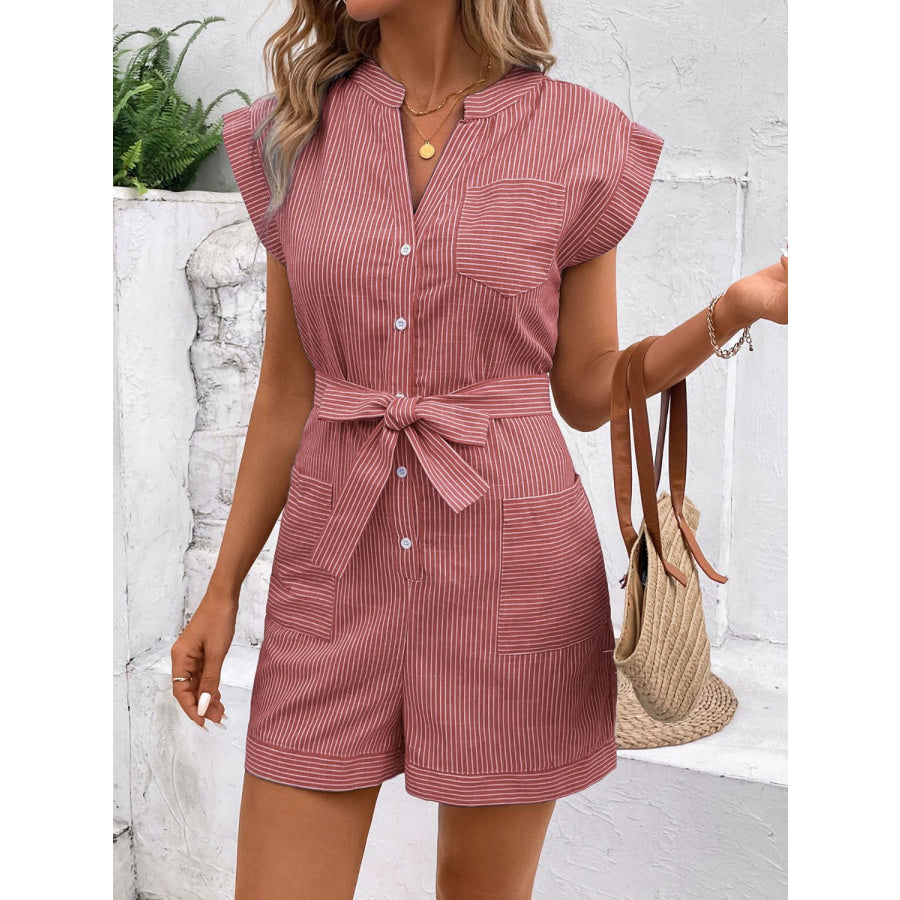 Striped Notched Tie Waist Romper Apparel and Accessories