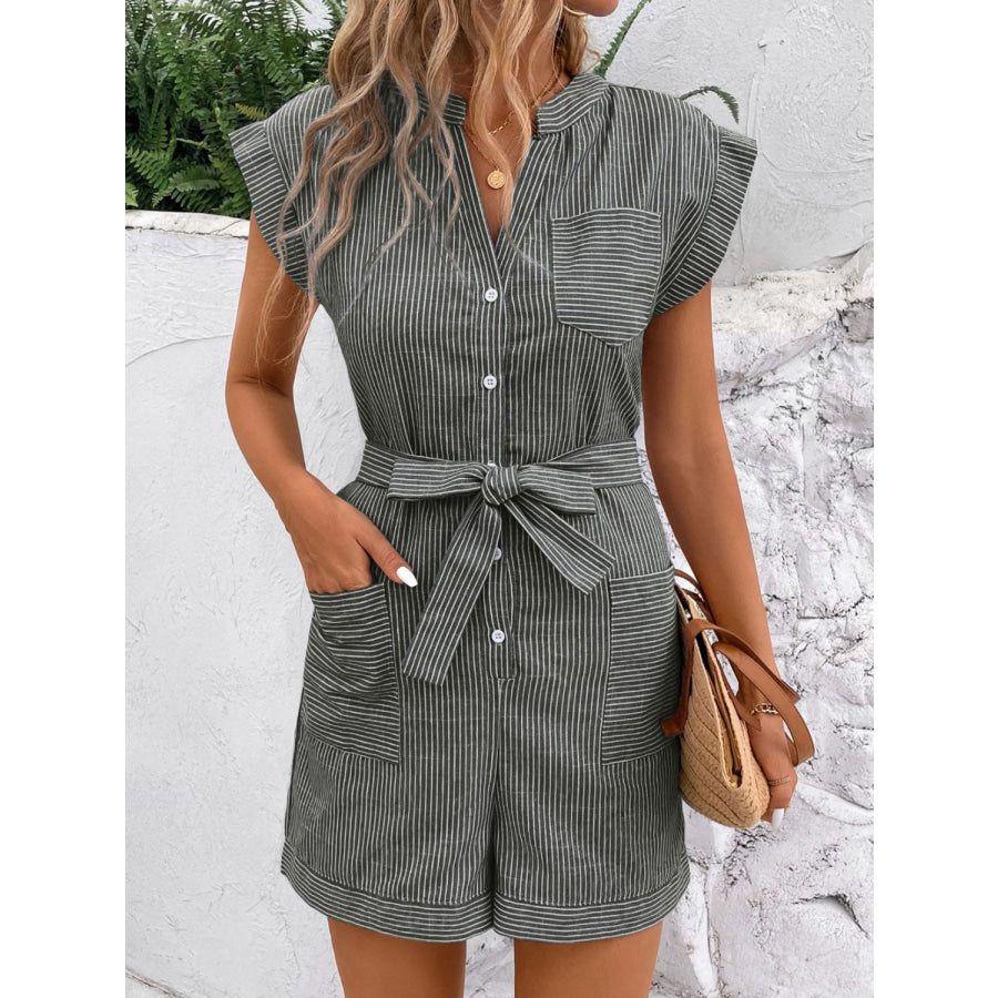 Striped Notched Tie Waist Romper Apparel and Accessories