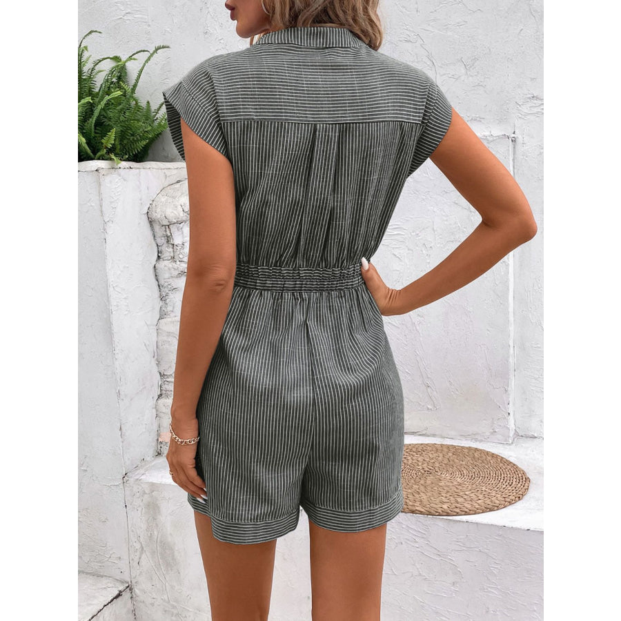 Striped Notched Tie Waist Romper Apparel and Accessories