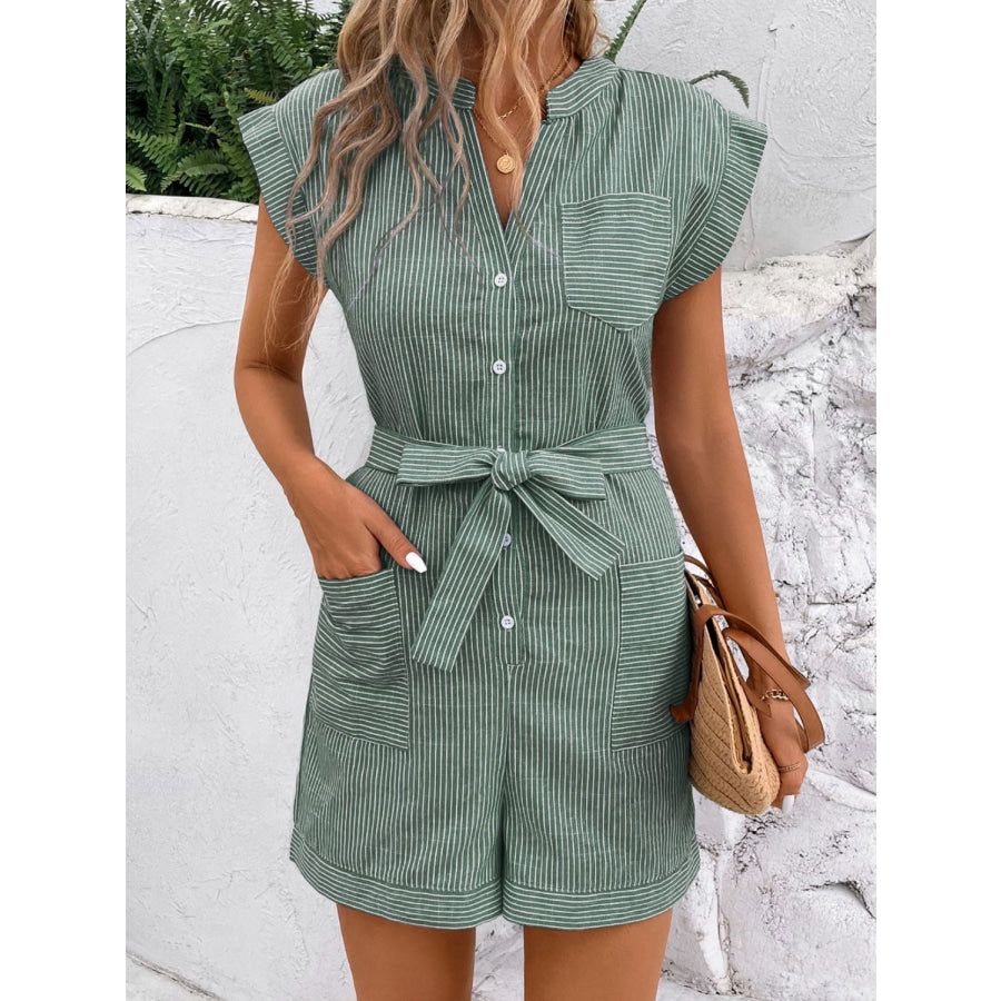 Striped Notched Tie Waist Romper Apparel and Accessories