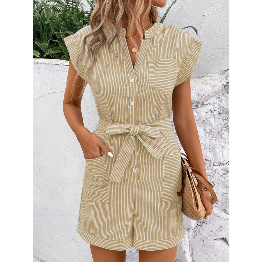 Striped Notched Tie Waist Romper Apparel and Accessories