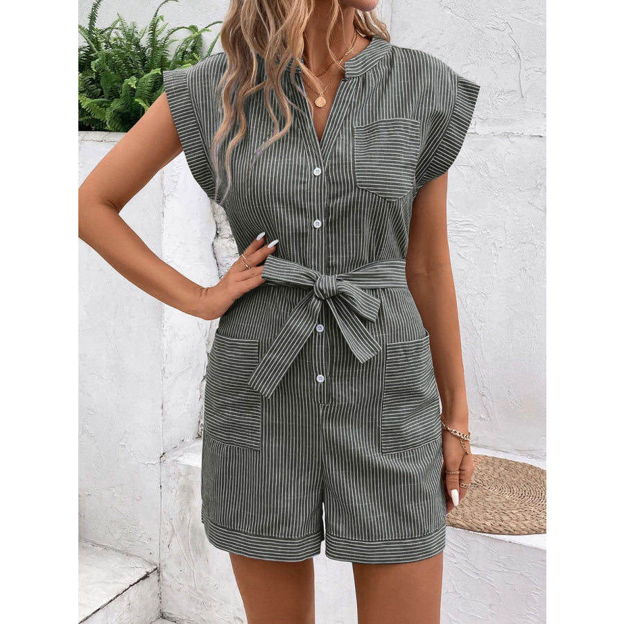 Striped Notched Tie Waist Romper Black / S Apparel and Accessories