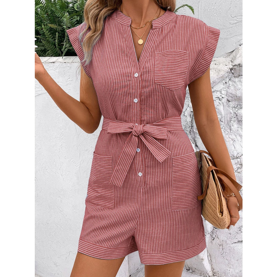 Striped Notched Tie Waist Romper Dusty Pink / S Apparel and Accessories