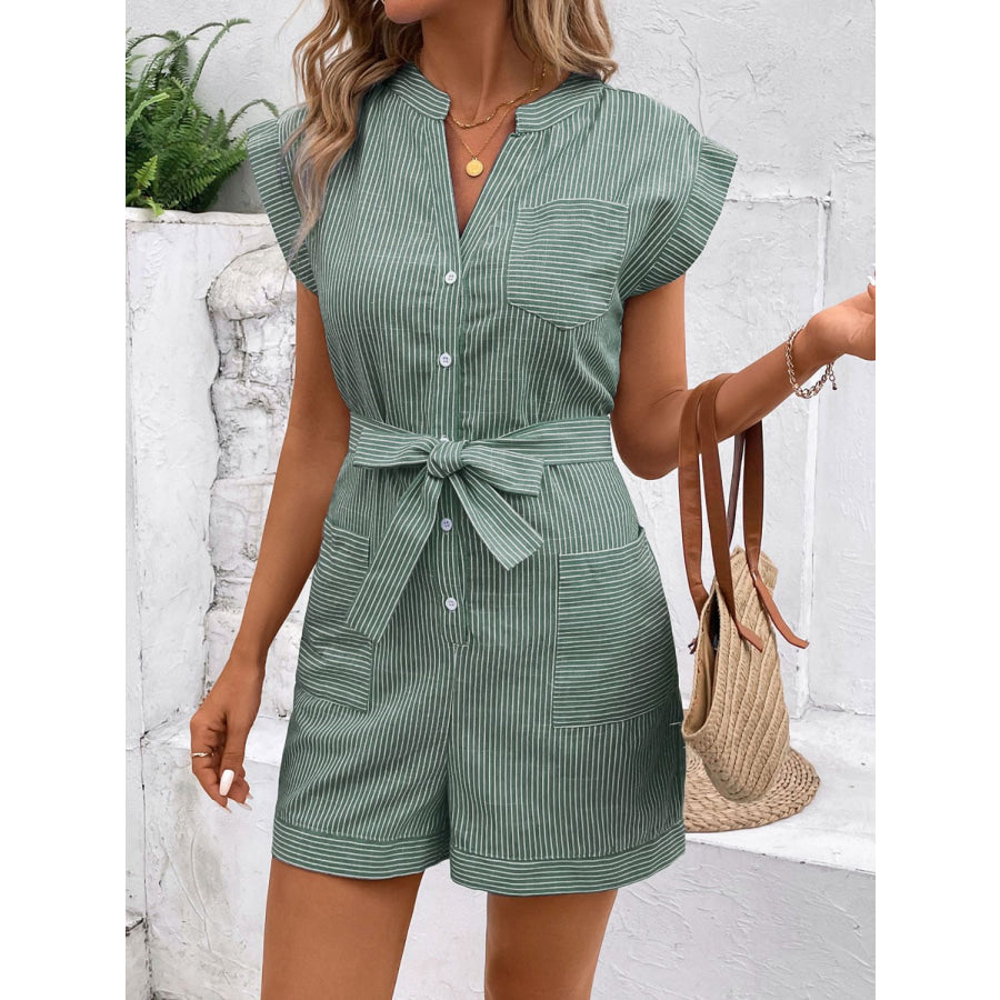 Striped Notched Tie Waist Romper Gum Leaf / S Apparel and Accessories