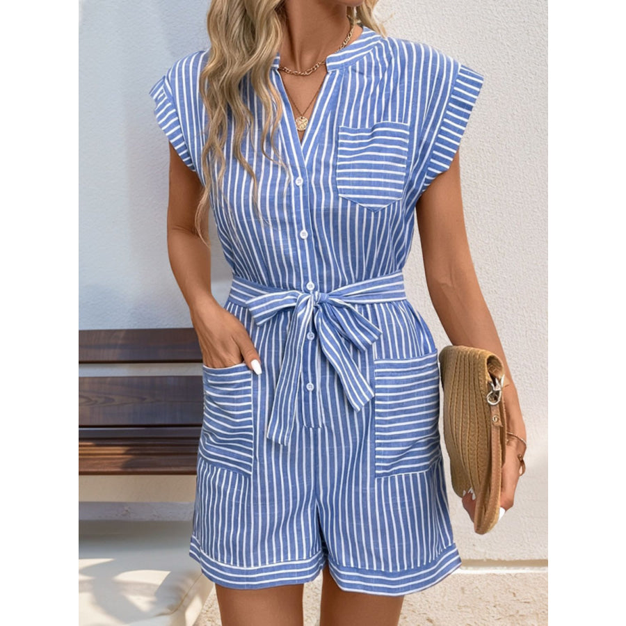 Striped Notched Tie Waist Romper Light Blue / S Apparel and Accessories