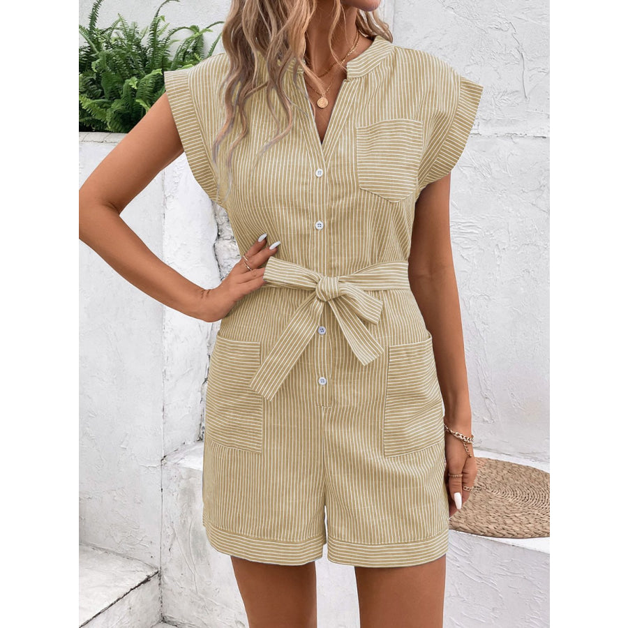 Striped Notched Tie Waist Romper Pastel Yellow / S Apparel and Accessories