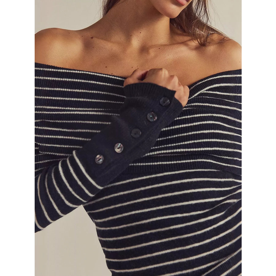 Striped Off-Shoulder Long Sleeve Knit Top Apparel and Accessories