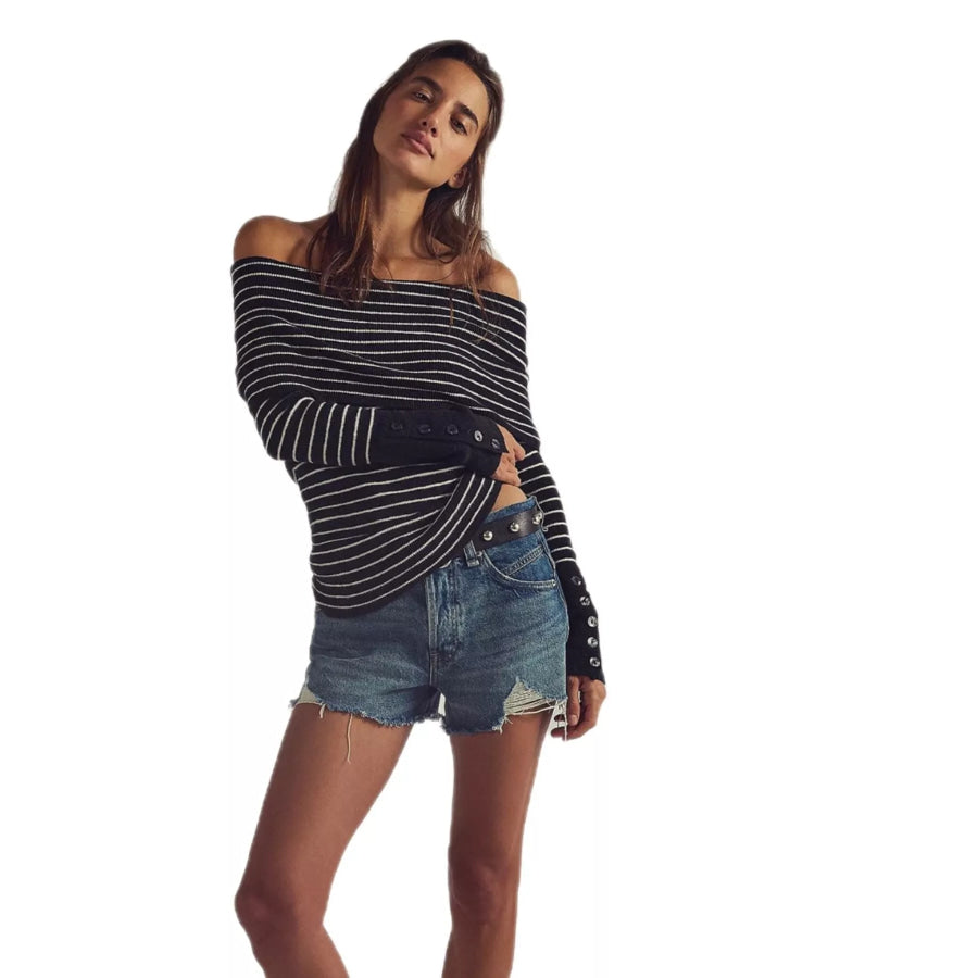 Striped Off-Shoulder Long Sleeve Knit Top Apparel and Accessories