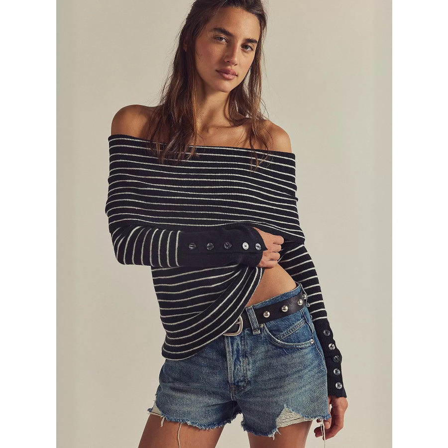 Striped Off-Shoulder Long Sleeve Knit Top Apparel and Accessories