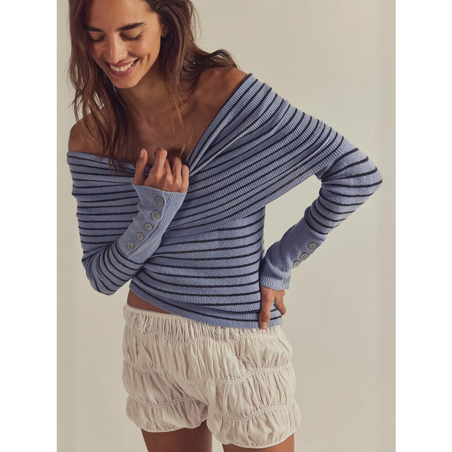 Striped Off-Shoulder Long Sleeve Knit Top Apparel and Accessories