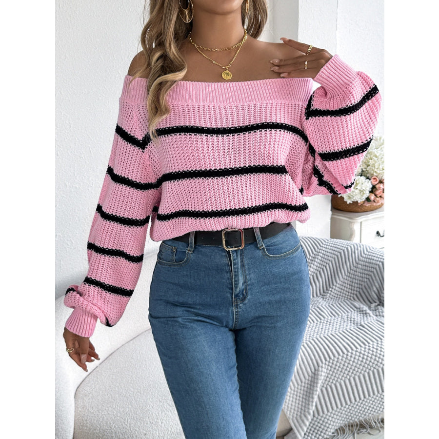 Striped Off-Shoulder Long Sleeve Sweater Apparel and Accessories