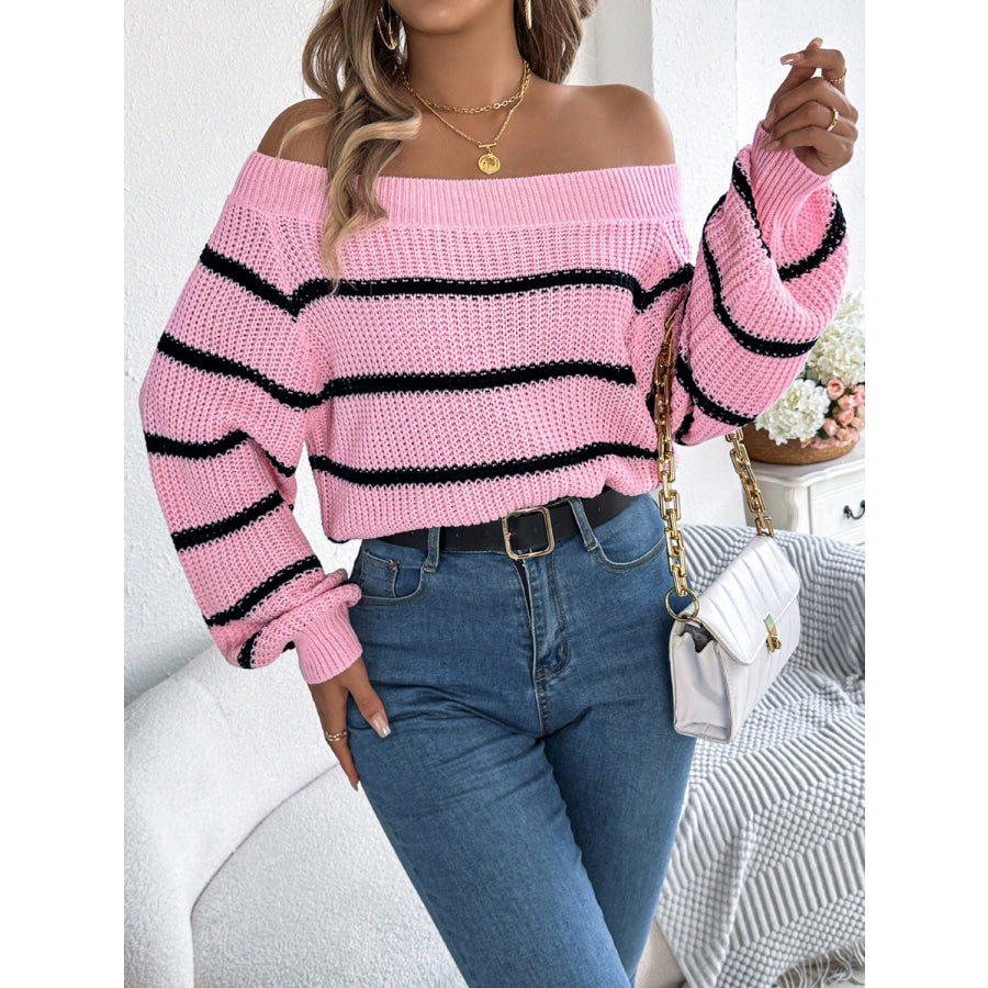 Striped Off-Shoulder Long Sleeve Sweater Apparel and Accessories