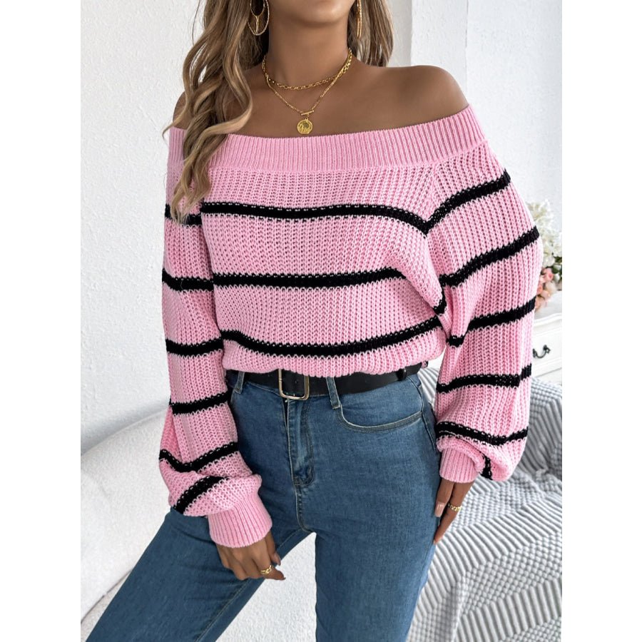 Striped Off-Shoulder Long Sleeve Sweater Apparel and Accessories