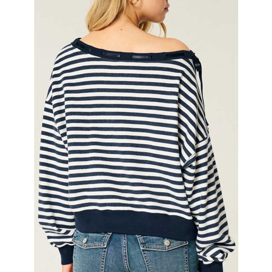 Striped Off-Shoulder Ribbon Accent Sweatshirt Apparel and Accessories