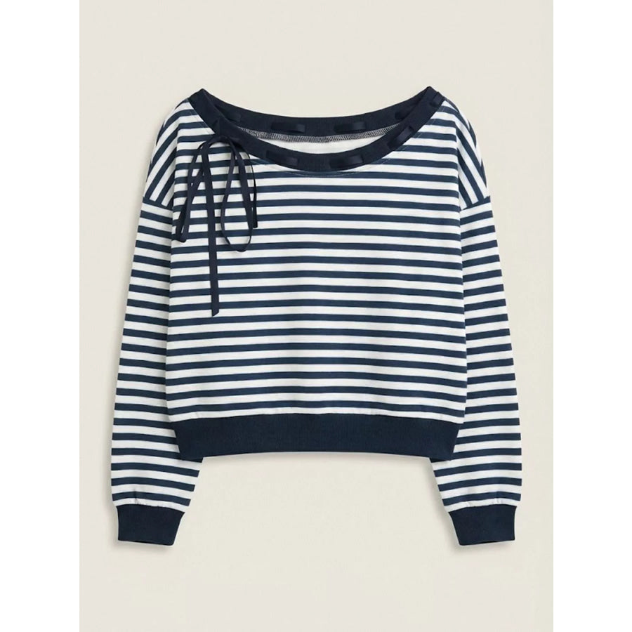 Striped Off-Shoulder Ribbon Accent Sweatshirt Apparel and Accessories
