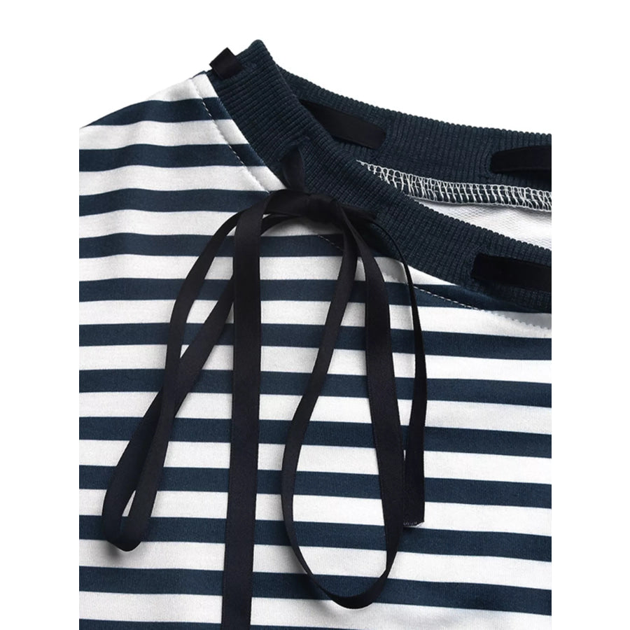 Striped Off-Shoulder Ribbon Accent Sweatshirt Apparel and Accessories