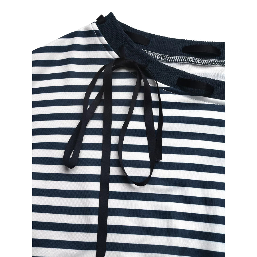 Striped Off-Shoulder Ribbon Accent Sweatshirt Apparel and Accessories