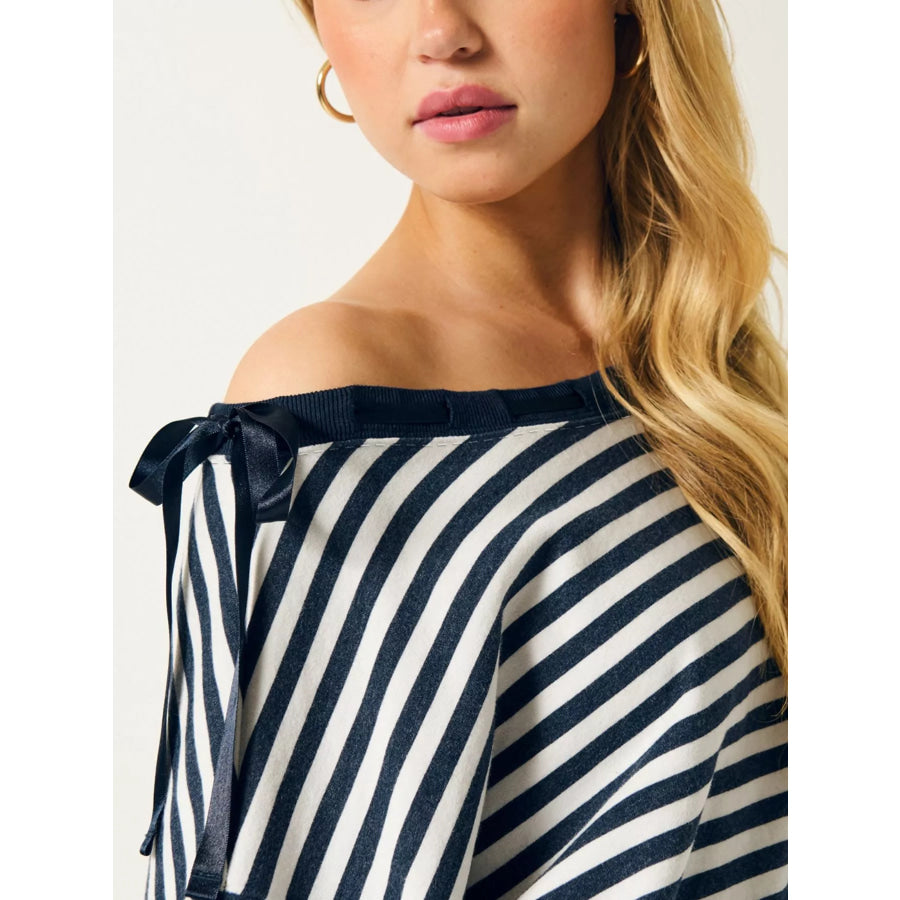 Striped Off-Shoulder Ribbon Accent Sweatshirt Apparel and Accessories