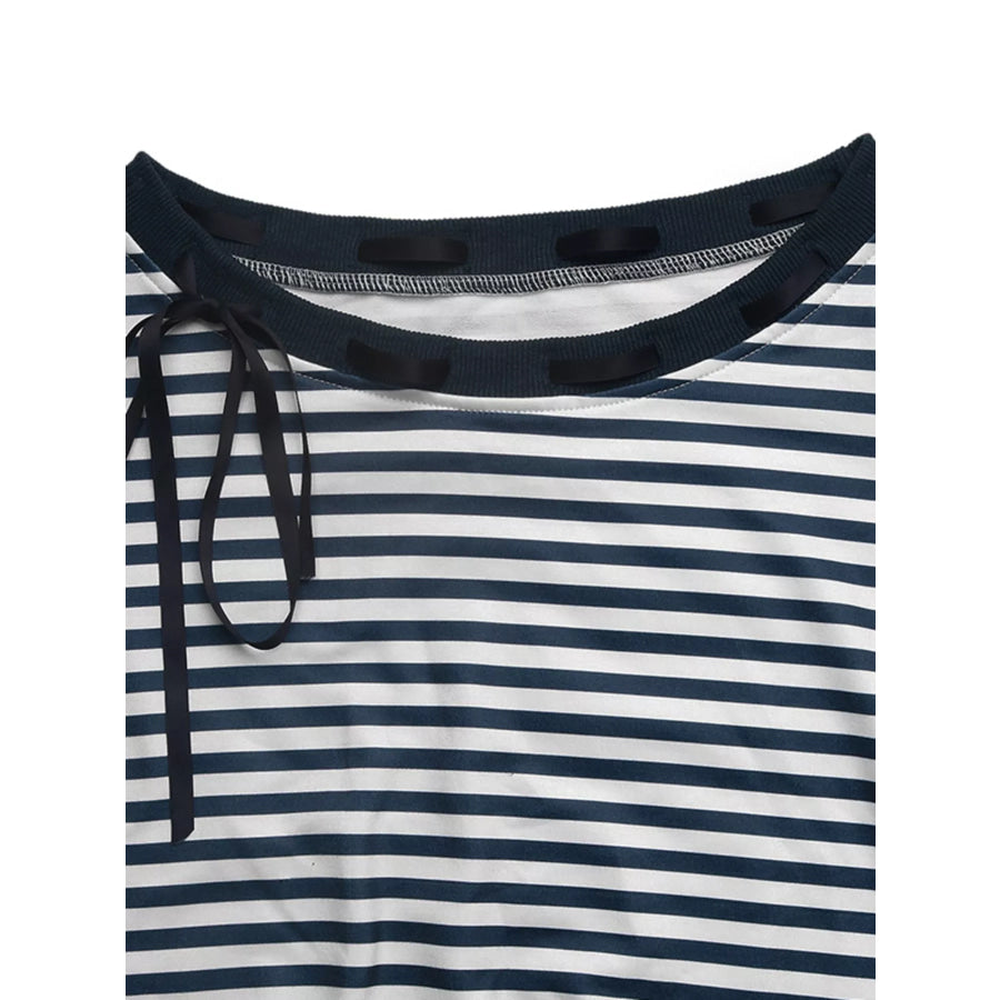 Striped Off-Shoulder Ribbon Accent Sweatshirt Apparel and Accessories