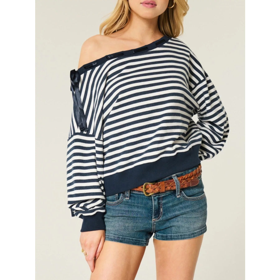 Striped Off-Shoulder Ribbon Accent Sweatshirt Navy Blue / S Apparel and Accessories