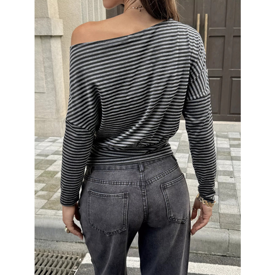 Striped One Shoulder Long Sleeve T-Shirt Apparel and Accessories
