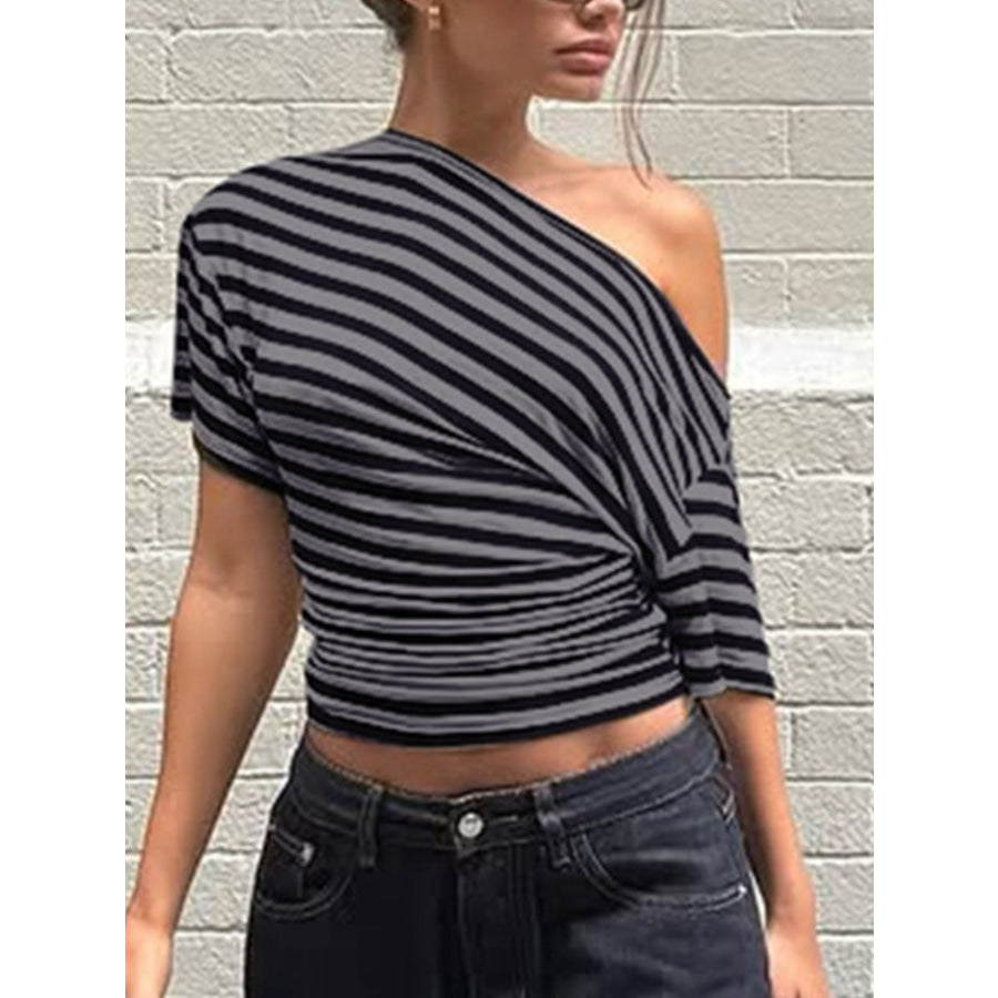 Striped One-Shoulder T-Shirt Dark Gray / S Apparel and Accessories