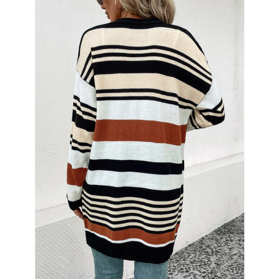 Striped Open Front Drop Shoulder Cardigan Clothing