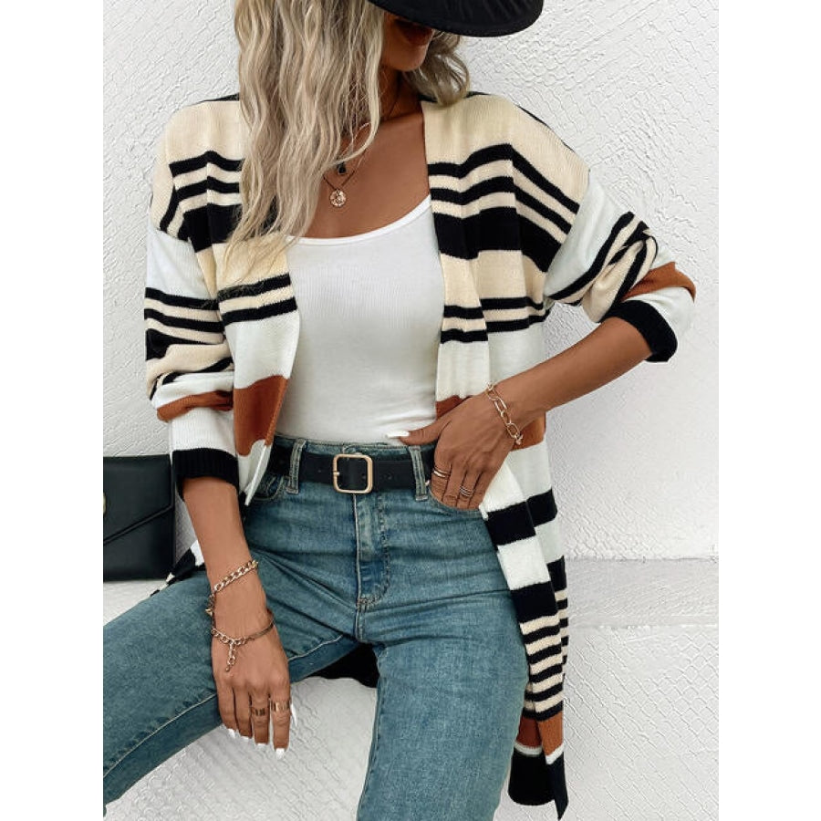 Striped Open Front Drop Shoulder Cardigan Clothing