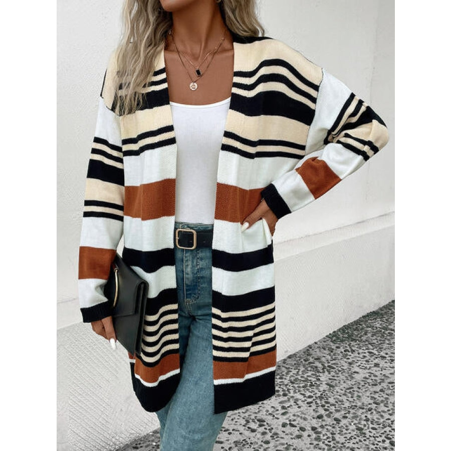 Striped Open Front Drop Shoulder Cardigan Clothing