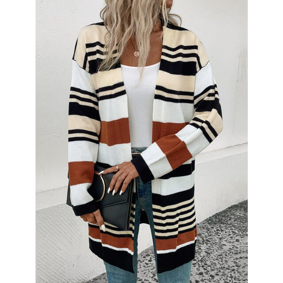 Striped Open Front Drop Shoulder Cardigan Stripe / S Clothing